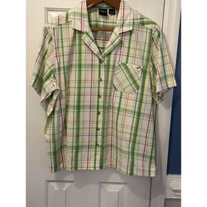 Vtg Erika Woman 1x Green Plaid Preppy Collared Short Sleeve Top Spring